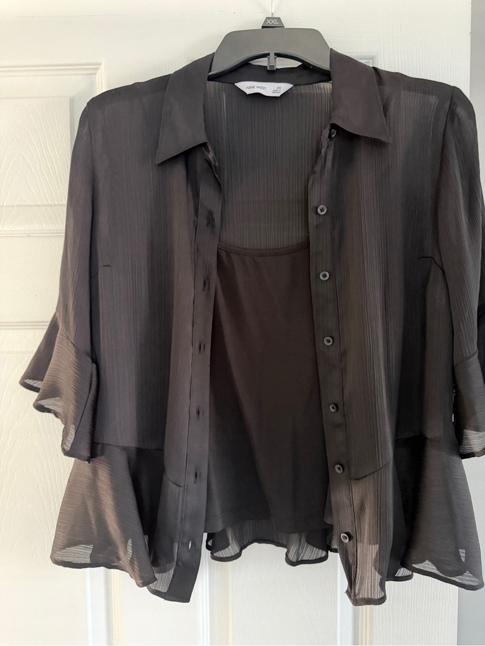 Nine West Black Sheer Layered Button-Front Top